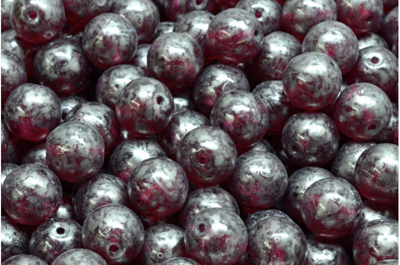 Round Druck Beads, Transparent Red Silver Splash (70350-86790), Glass, Czech Republic