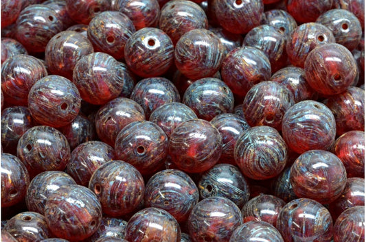 ラウンド Druck ビーズ、透明な赤いトラバーチン (70350-86800)、ガラス、チェコ共和国