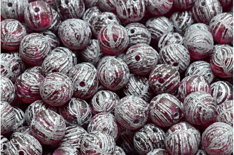 Round Druck Beads, Transparent Red Etched Silver Lined (70350-etch-54301), Glass, Czech Republic