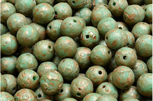 Round Druck Beads, Turquoise Etched Copper Splash (63130-etch-86750), Glass, Czech Republic