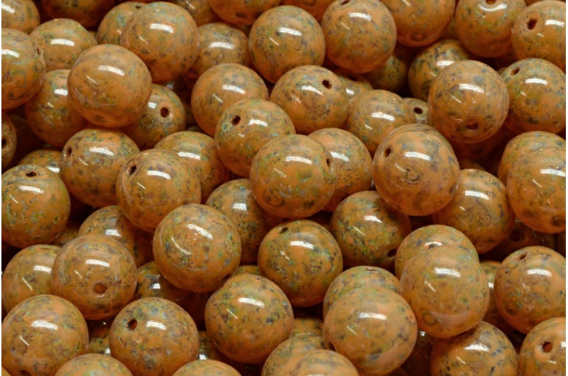 Round Druck Beads, Crystal Travertin Orange Spotted (00030-86800-33302), Glass, Czech Republic