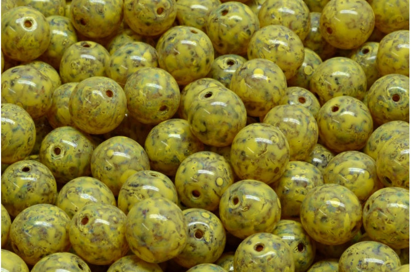 圆形 Druck 珠子，水晶石灰华米色黄色斑点 (00030-86800-33303)，玻璃，捷克共和国