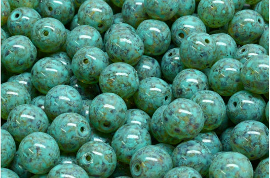 Round Druck Beads, Crystal Travertin Turqouise Spotted (00030-86800-33310), Glass, Czech Republic