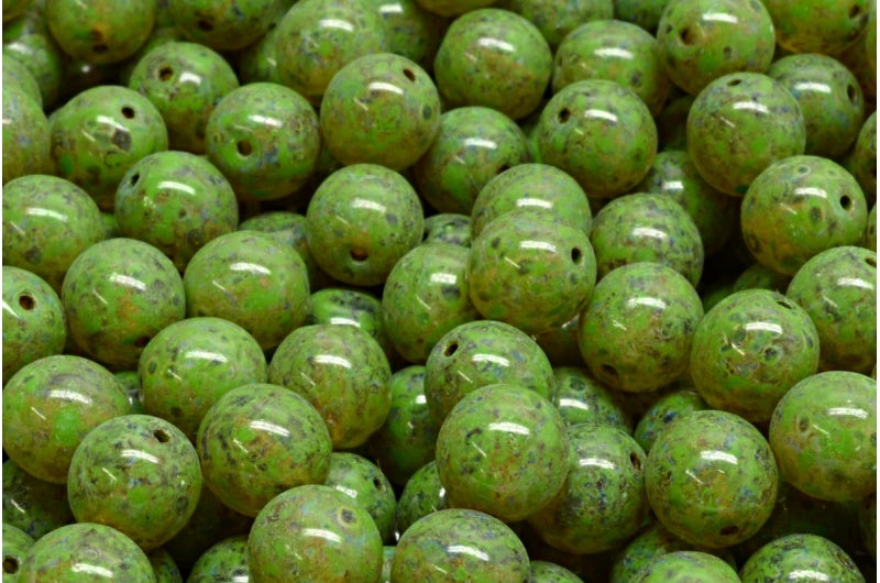 Round Druck Beads, Crystal Travertin Green Spotted (00030-86800-33311), Glass, Czech Republic
