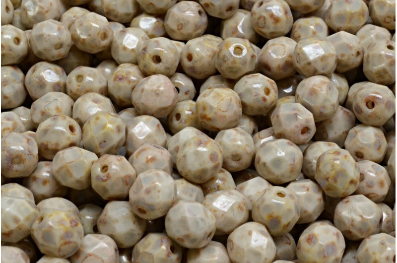 OUTLET 10 grams Faceted Round Fire Polished Beads, 6 x 6 mm, Chalk White Travertin Beige Spotted (03000-86800-33312), Glass, Czech Republic