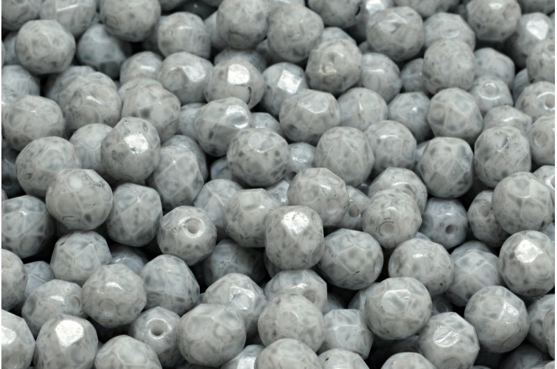 多面圆形火抛光珠，粉笔白浅灰色 (03000-34311)，玻璃，捷克共和国