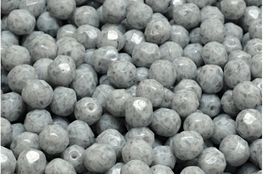 多面圆形火抛光珠，粉笔白浅灰色 (03000-34311)，玻璃，捷克共和国