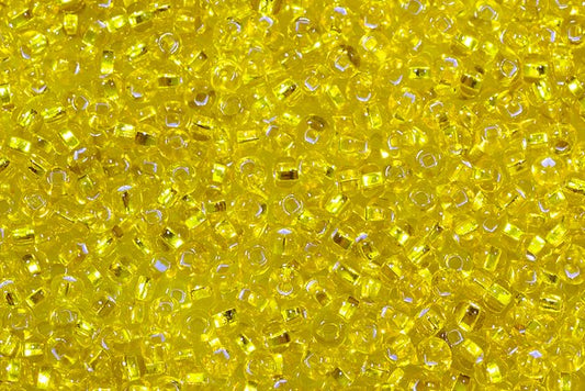 Round Preciosa Ornela Rocailles Seed Beads, Transp. Yellow Amber, Silver Lined (87010), Glass, Czech Republic