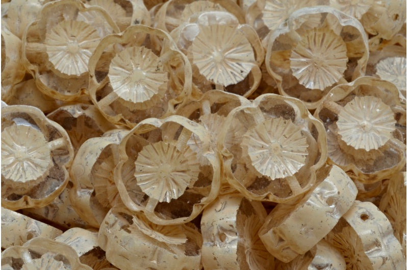 Table Cut Hawaii Flower Beads, Crystal Beige Travertin Spotted (00030-33301), Glass, Czech Republic