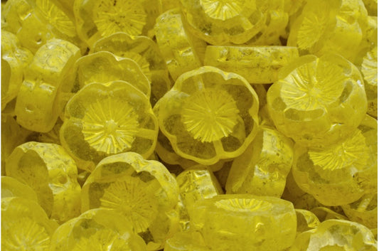Table Cut Hawaii Flower Beads, Crystal Beige Yellow Spotted (00030-33303), Glass, Czech Republic
