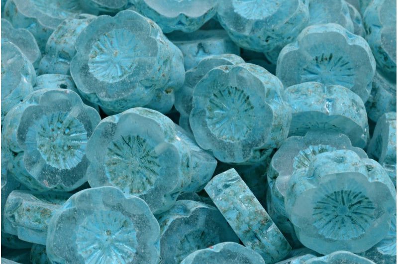 Table Cut Hawaii Flower Beads, Crystal Turqouise Spotted (00030-33309), Glass, Czech Republic