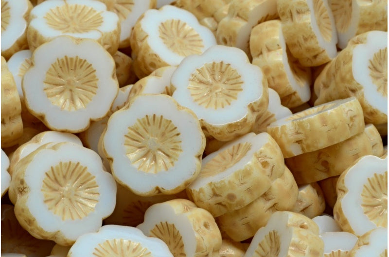 Table Cut Hawaii Flower Beads, White Beige Travertin Spotted (02010-33301), Glass, Czech Republic