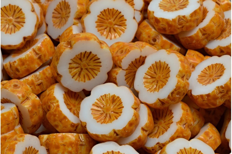 Table Cut Hawaii Flower Beads, White Orange Spotted (02010-33302), Glass, Czech Republic