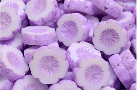 Table Cut Hawaii Flower Beads, White Cold Purple Spotted (02010-33305), Glass, Czech Republic