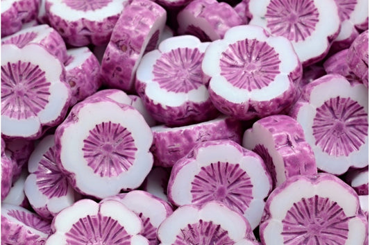 Table Cut Hawaii Flower Beads, White Pink Spotted (02010-33306), Glass, Czech Republic