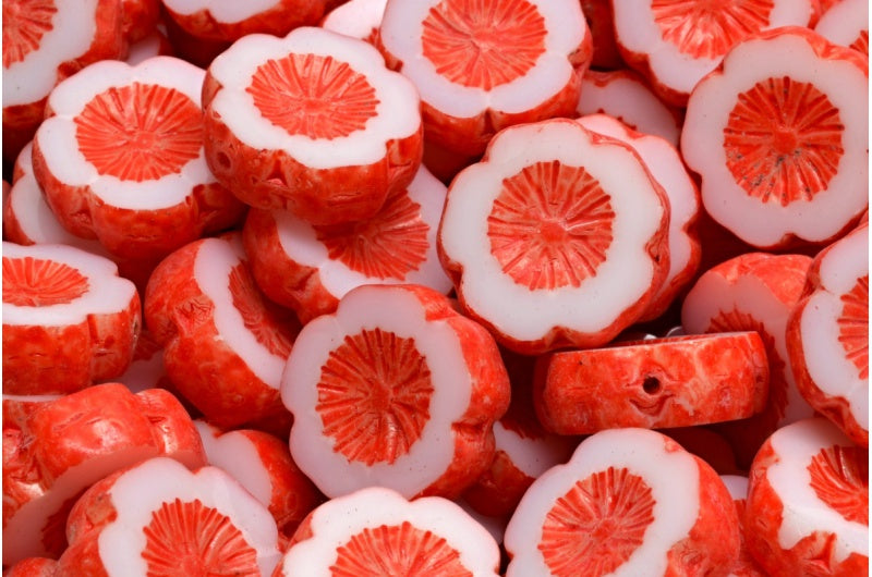 Table Cut Hawaii Flower Beads, White Beige Orange Spotted (02010-33307), Glass, Czech Republic