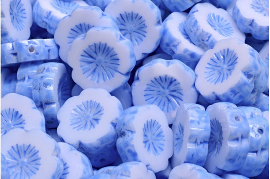 Table Cut Hawaii Flower Beads, White Blue Spotted (02010-33308), Glass, Czech Republic
