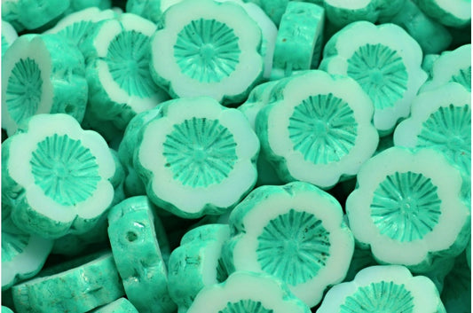 Table Cut Hawaii Flower Beads, White Turqouise Spotted (02010-33310), Glass, Czech Republic