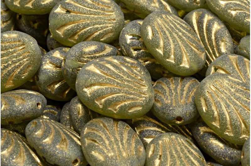 Oval With Lines, Transparent Green Matte Gold Lined (50230-84100-54302), Glass, Czech Republic