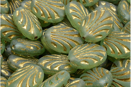 Oval With Lines, Transparent Green Matte Gold Lined (50500-84100-54302), Glass, Czech Republic