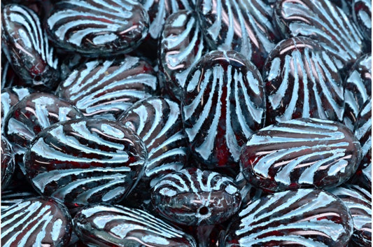 Oval With Lines, Ruby Red Travertin Light Blue Lined (90080-86800-54308), Glass, Czech Republic