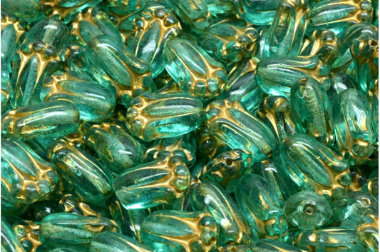 Tulip Bud Beads, Crystal Gold Lined Light Turquoise (00030-54302-34309), Glass, Czech Republic