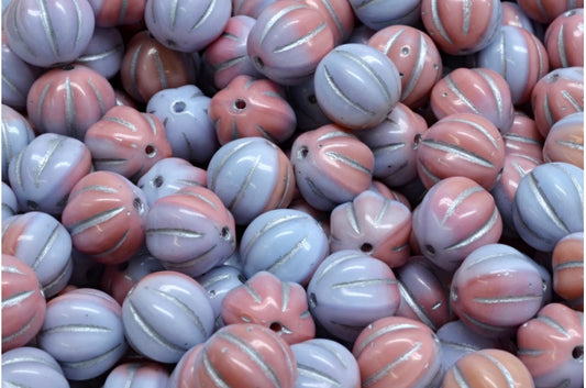 メロンビーズ、不透明ライラックブルー、シルバーライン（37714-54301）、ガラス、チェコ共和国