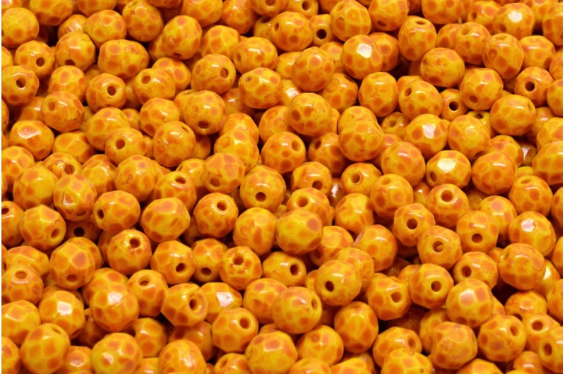ファセット加工ラウンドファイアポリッシュビーズ、イエローオレンジスポット（83120-33302）、ガラス、チェコ共和国