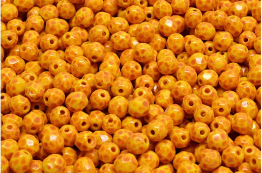 ファセット加工ラウンドファイアポリッシュビーズ、イエローオレンジスポット（83120-33302）、ガラス、チェコ共和国
