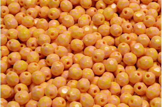 多面圆形火抛光珠，黄色暖紫色斑点 (83120-33304)，玻璃，捷克共和国