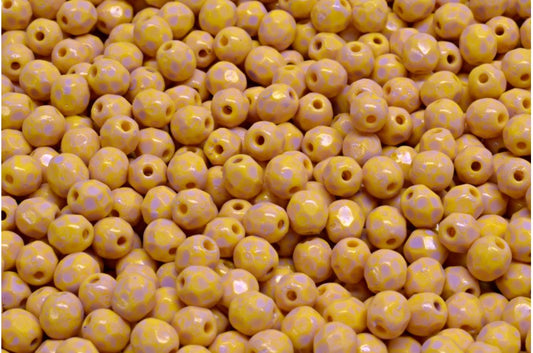 多面圆形火抛光珠，黄色冷紫色斑点 (83120-33305)，玻璃，捷克共和国