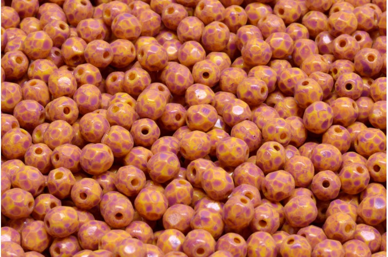 ファセット加工ラウンドファイアポリッシュビーズ、イエローピンクスポット（83120-33306）、ガラス、チェコ共和国