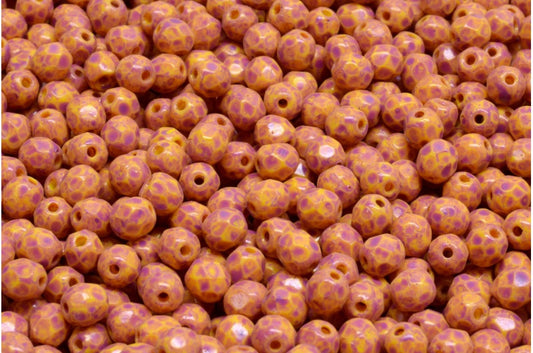 ファセット加工ラウンドファイアポリッシュビーズ、イエローピンクスポット（83120-33306）、ガラス、チェコ共和国