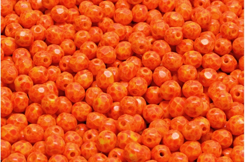 Faceted Round Fire Polished Beads, Yellow Beige Orange Spotted (83120-33307), Glass, Czech Republic