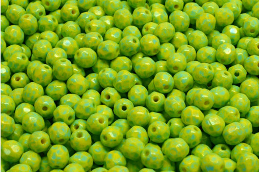 ファセット加工のラウンド型ファイヤーポリッシュビーズ、イエローターコイズスポット（83120-33309）、ガラス、チェコ共和国