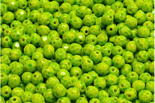 ファセット加工の丸型ファセットポリッシュビーズ、黄緑色の斑点（83120-33311）、ガラス、チェコ共和国