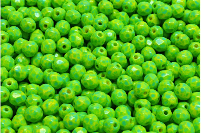 ファセット加工のラウンド型ファイヤーポリッシュビーズ、イエローターコイズスポット（83120-33310）、ガラス、チェコ共和国