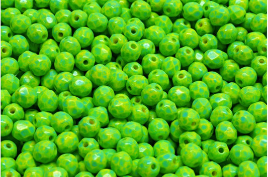 ファセット加工のラウンド型ファイヤーポリッシュビーズ、イエローターコイズスポット（83120-33310）、ガラス、チェコ共和国