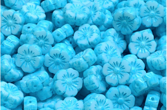 Table Cut Hawaii Flower Beads, White Turqouise Spotted (02010-33309), Glass, Czech Republic