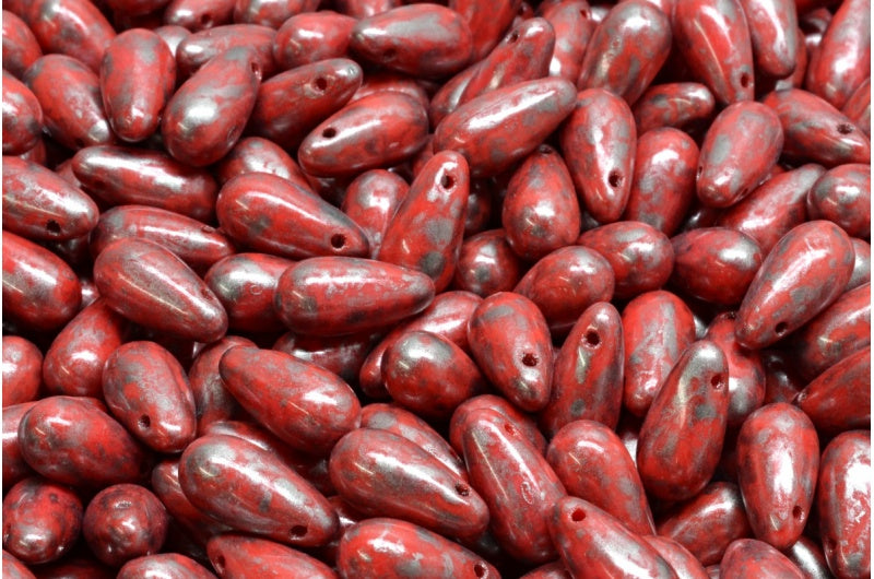 Teardrop Beads, Red Silver Splash (93400-86790), Glass, Czech Republic