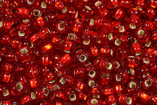 Runde Preciosa Ornela Rocailles Perlen, transp. rot, silber gefüttert (97070), Glas, Tschechische Republik