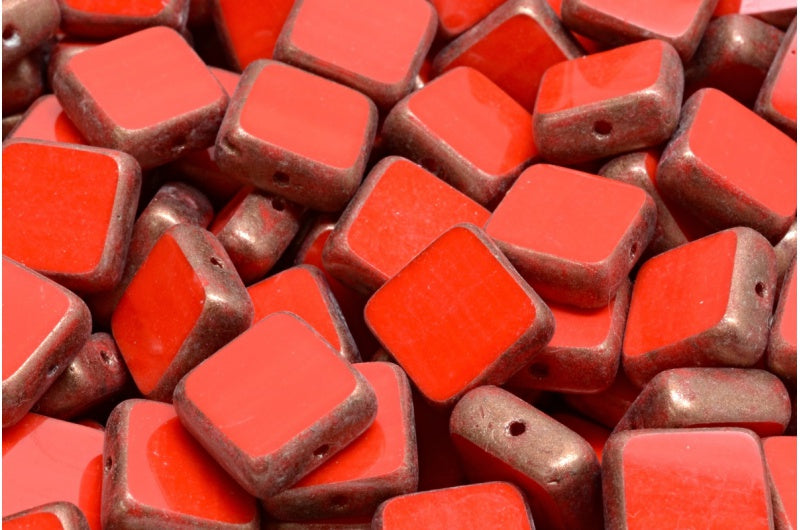 Table Cut Square Beads, Red Copper Splash (93180-86750), Glass, Czech Republic