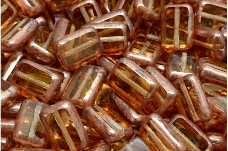 テーブルカット長方形ビーズ、透明ライトトパーズイエローコッパースプラッシュ（10020-86750）、ガラス、チェコ共和国