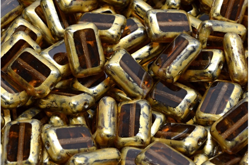 テーブルカット長方形ビーズ、透明ブラウンゴールドスプラッシュ（10230-86720）、ガラス、チェコ共和国