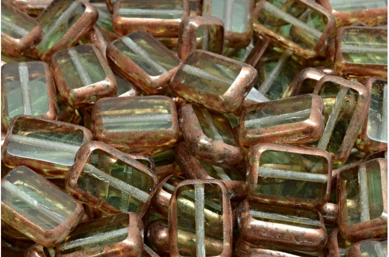 Table Cut Rectangle Beads, Transparent Green Copper Splash (50500-86750), Glass, Czech Republic