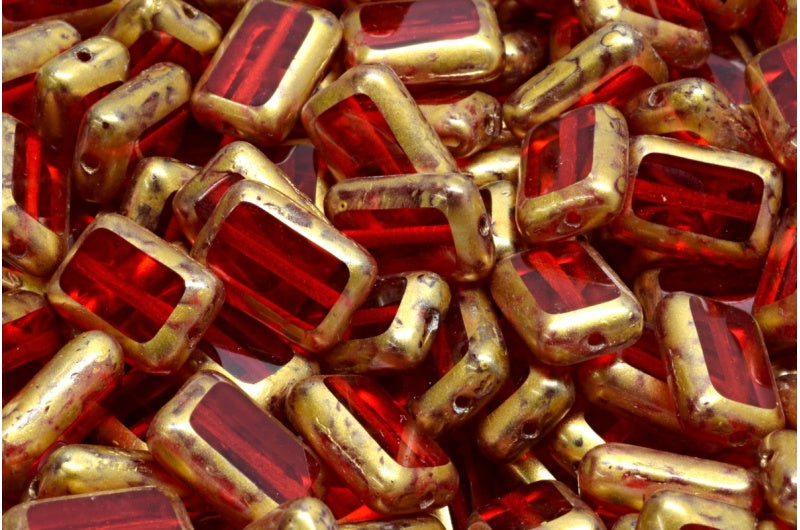 Table Cut Rectangle Beads, Ruby Red Gold Splash (90080-86720), Glass, Czech Republic