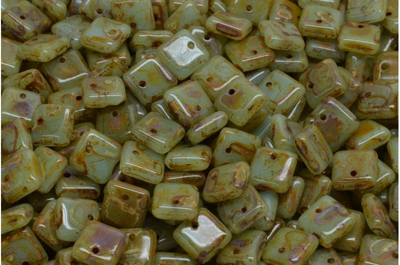 Squarelet Beads, Opal Aqua Travertin (61400-86800), Glass, Czech Republic