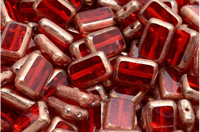 テーブルカット長方形ビーズ、ルビーレッド銅スプラッシュ（90080-86750）、ガラス、チェコ共和国