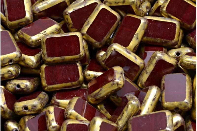Table Cut Rectangle Beads, Opaque Red Gold Splash (93220-86720), Glass, Czech Republic