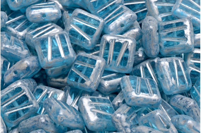 アウトレット 10グラム テーブルカットスクエアデザインビーズ、10 x 10 mm、透明アクアシルバースプラッシュ（60010-86700）、ガラス、チェコ共和国